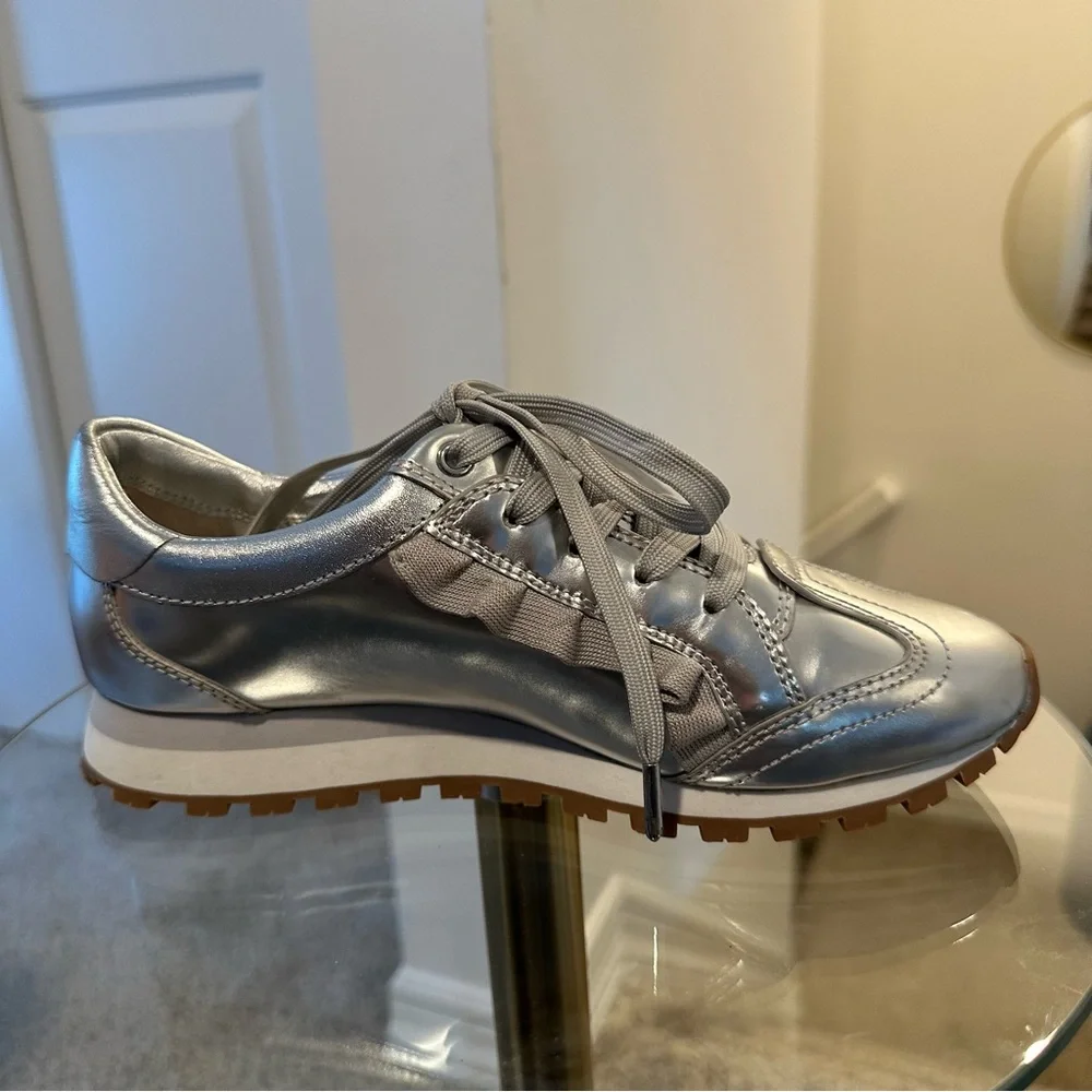Tory Burch Sport Women's Ruffle Trainer Leather Lace Up Sneakers in Silver
